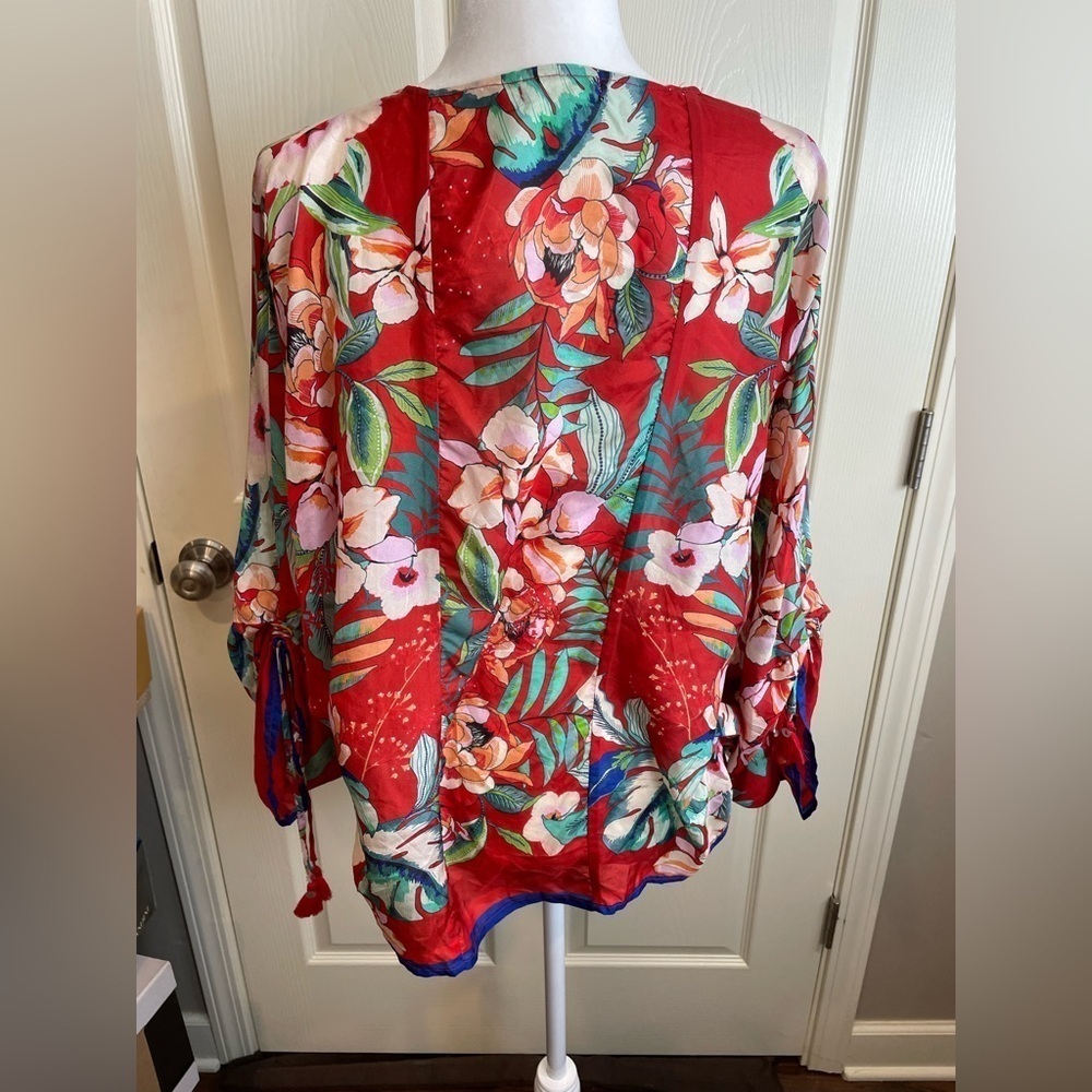 Johnny Was Evy Silk Floral V-Neck Blouse - Red and Blue - Picture 4 of 10